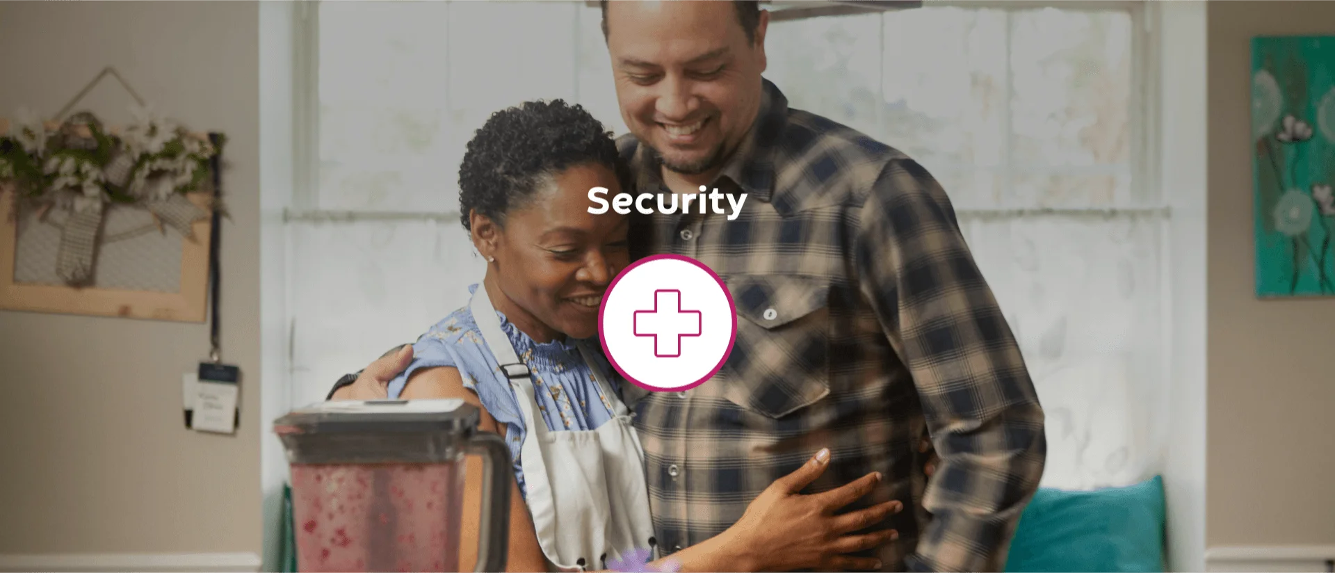 Man holding woman, 'Security.' Promoting confidence and worry-free living.