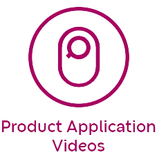 Pink ostomy bag icon with the words 'Product Application Videos' below it.